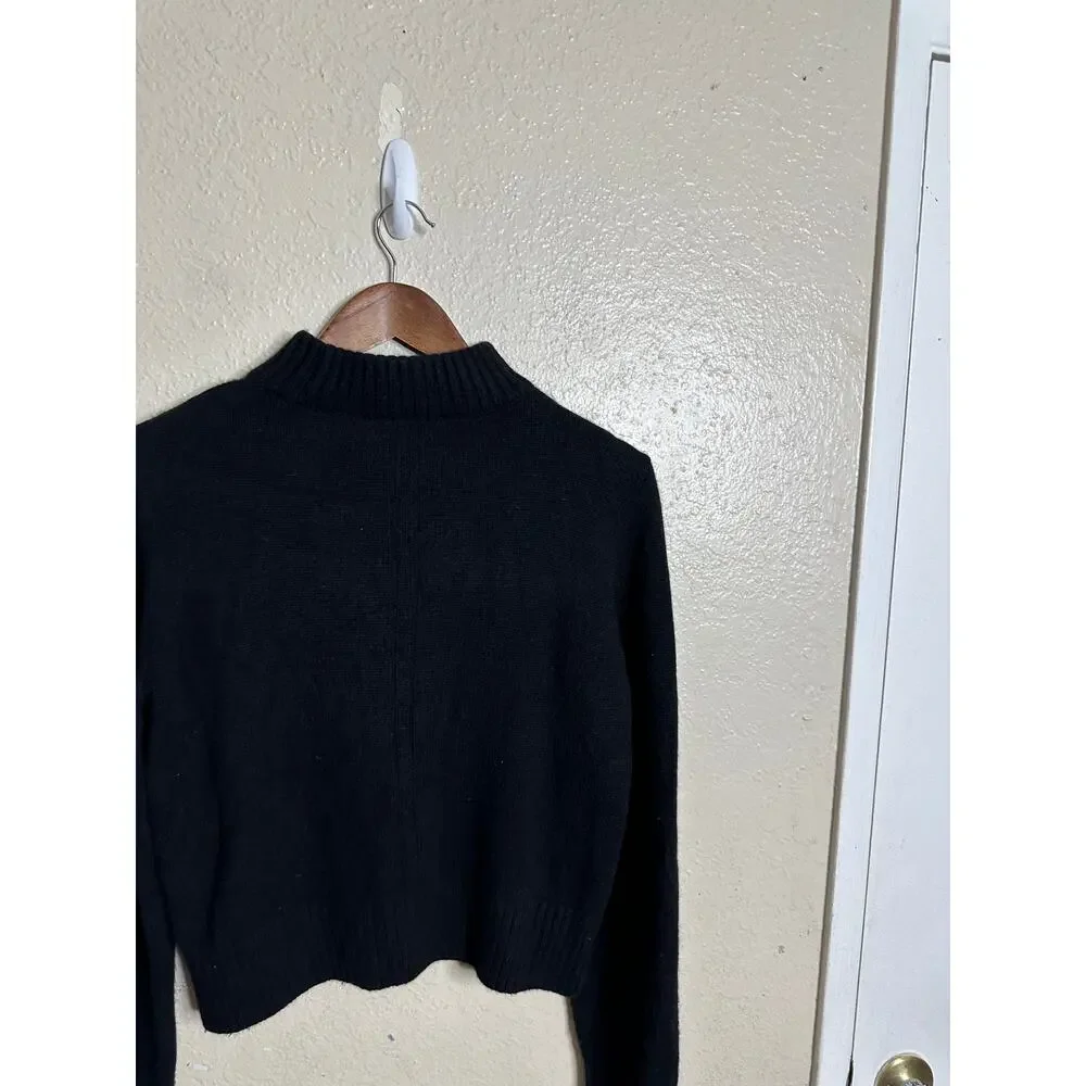 Lilysilk Ribbed Collar Hemline Wool Cashmere Sweater Black Cropped Mock Neck M